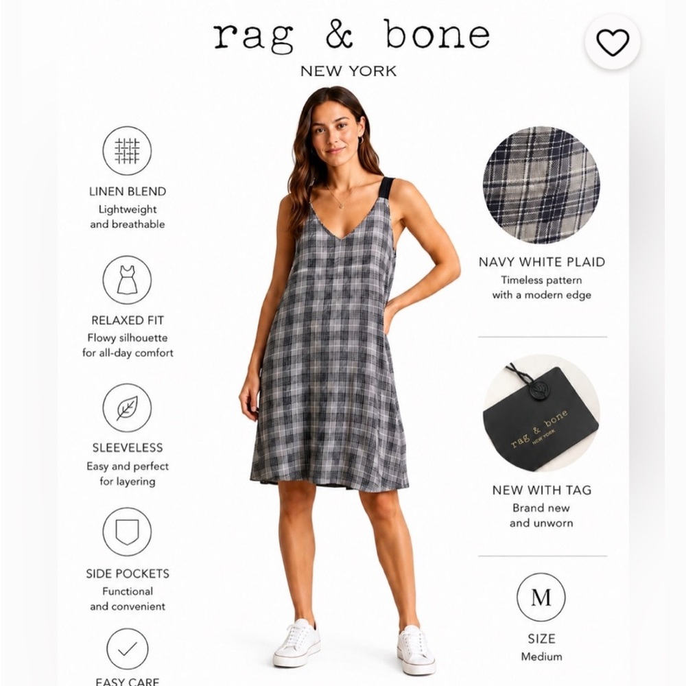 rag & bone Zoe Navy and White Plaid Linen-Blend Sleeveless Shift Dress